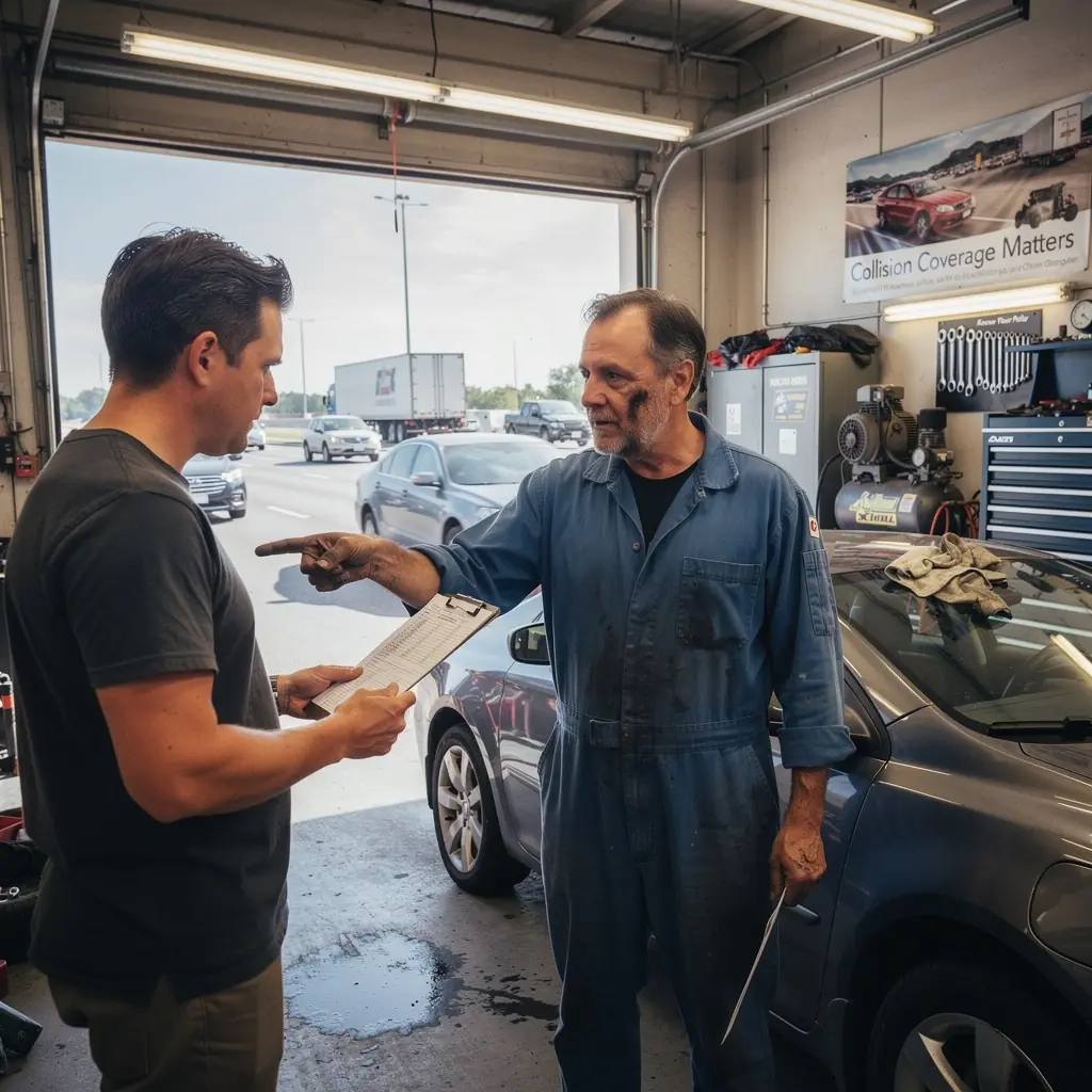 Grafika przedstawiająca zderzenie dwóch pojazdów, ilustrująca opcjonalne ubezpieczenie kolizyjne.